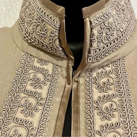 Peter Nygard Boho Gold Linen Blend Mandarin Collar Embellished Open Waist Vest M - Picture 4 of 14